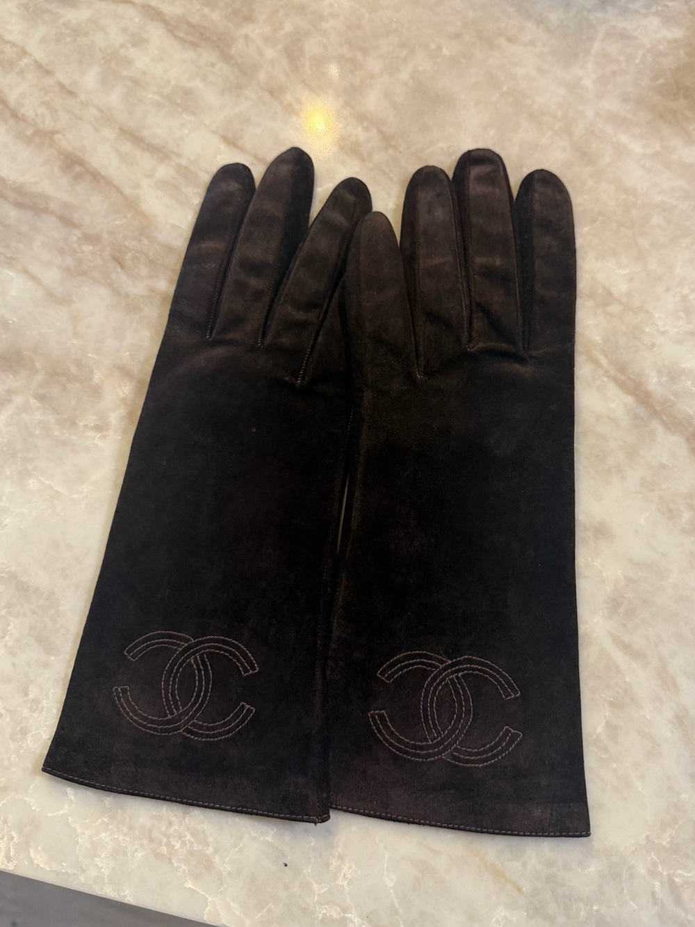 Vintage CHANEL Brown Suede Long Women's Gloves with Embroidered CC